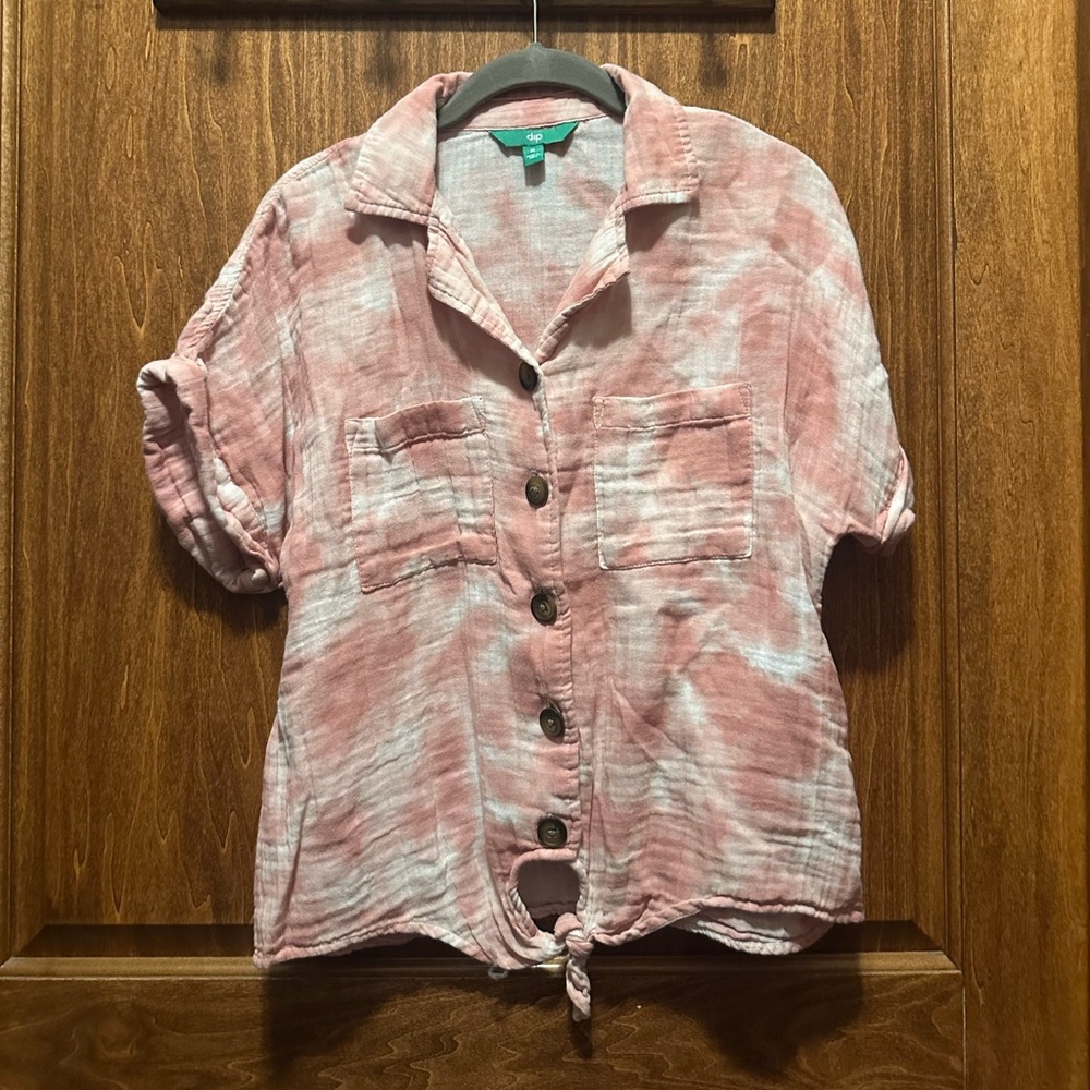 dip Pink Washed Tie-Front Button Down Shirt